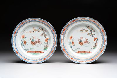 A pair of Chinese famille verte 'deer' dishes, Yongzheng