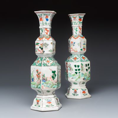 A pair of Chinese famille verte double-gourd hexagonal vases, Kangxi