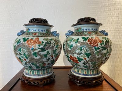 A pair of Chinese famille verte 'dragon' vases, Chenghua mark, 19th C. — 照片 1