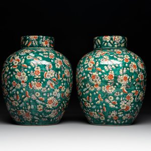 A pair of Chinese famille verte green-ground 'prunus' jars and covers, 19th C. — photo 2