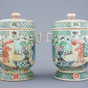 A pair of Chinese famille verte Kangxi style covered bowls, 19th C. — 照片 2