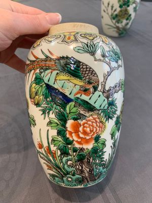 A pair of Chinese famille verte 'pheasant among flowering branches' vases and covers, 19th C. — photo 17
