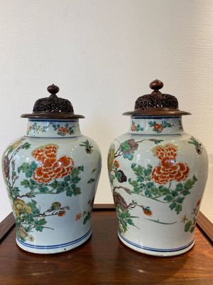 A pair of Chinese famille verte 'pheasant' vases with wooden covers, Kangxi — photo 2