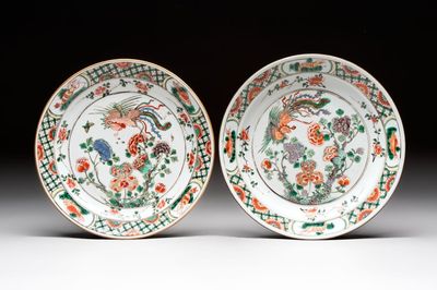 A pair of Chinese famille verte 'phoenix' plates, Kangxi