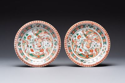 A pair of Chinese famille verte 'phoenixes' plates, Kangxi