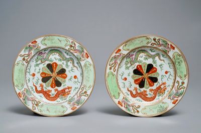 A pair of Chinese famille verte plates with dragons and phoenixes, Qianlong