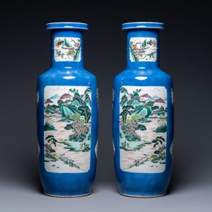 A pair of Chinese famille verte powder-blue ground vases, Kangxi mark, 19th C. — photo 3