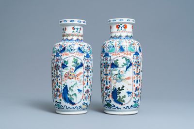 A pair of Chinese famille verte rouleau vases, Kangxi