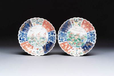 A pair of Chinese famille verte 'Sea Creatures' lobed plates, Kangxi