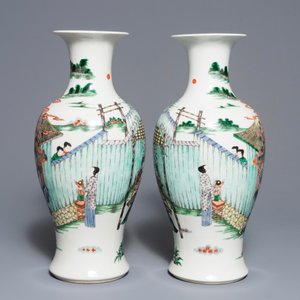 A pair of Chinese famille verte 'silk production' vases, 19th C. — 照片 2