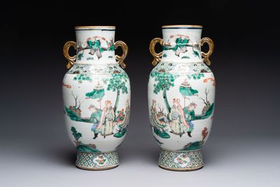 A pair of Chinese famille verte vases with narrative design, 19th C.