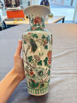 A pair of Chinese famille verte 'warriors' vases and a pair of 'birds among blossoming branches' vases, 19th C. — photo 14