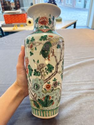 A pair of Chinese famille verte 'warriors' vases and a pair of 'birds among blossoming branches' vases, 19th C. — photo 21