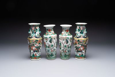 A pair of Chinese famille verte 'warriors' vases and a pair of 'birds among blossoming branches' vases, 19th C.