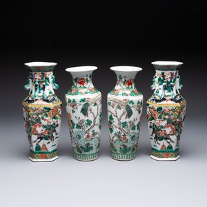 A pair of Chinese famille verte 'warriors' vases and a pair of 'birds among blossoming branches' vases, 19th C. — photo 1