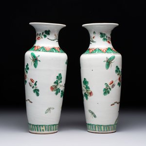 A pair of Chinese famille verte 'warriors' vases and a pair of 'birds among blossoming branches' vases, 19th C. — photo 4