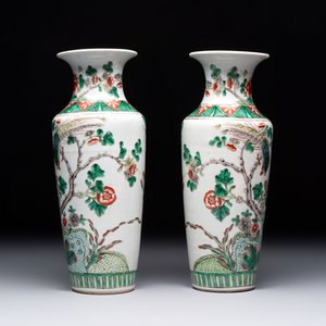 A pair of Chinese famille verte 'warriors' vases and a pair of 'birds among blossoming branches' vases, 19th C. — photo 5