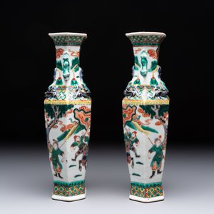 A pair of Chinese famille verte 'warriors' vases and a pair of 'birds among blossoming branches' vases, 19th C. — photo 9