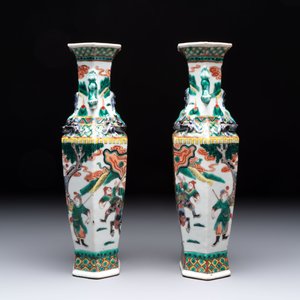 A pair of Chinese famille verte 'warriors' vases and a pair of 'birds among blossoming branches' vases, 19th C. — photo 10