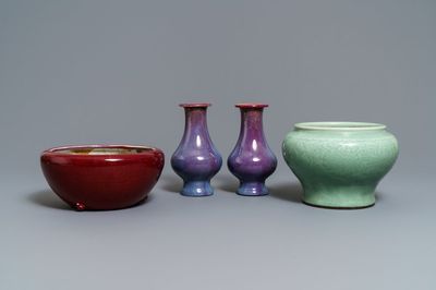 A pair of Chinese flambé-glazed vases, a celadon jardinière and a sang-de-boeuf censer, 19/20th C.