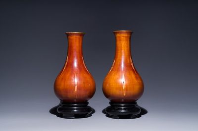 A pair of Chinese Foochow or Fuzhou lacquer 'bamboo' vases, 19/20th C.