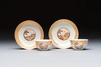 A pair of Chinese gilt-decorated sepia 'Riverscape' cups and saucers, Jiaqing