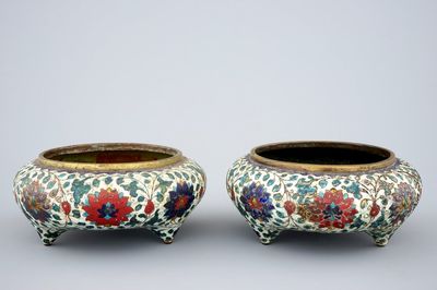 A pair of Chinese glit bronze and cloisonne tripod incense burners, late Ming dynasty