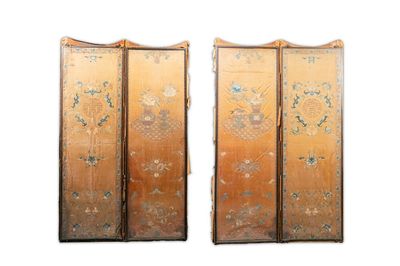 A pair of Chinese gold-thread-embroidered silk 'antiquities' folding screens, 19th C.