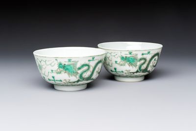 A pair of Chinese green-enamelled 'Dragon' bowls, Guangxu marks, Republic