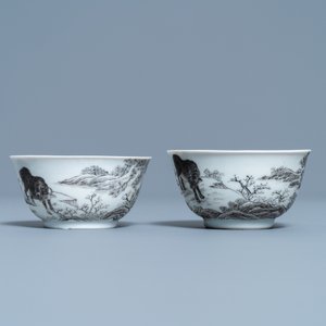 A pair of Chinese grisaille and gilt 'buffalo' cups and saucers, Yongzheng — photo 5