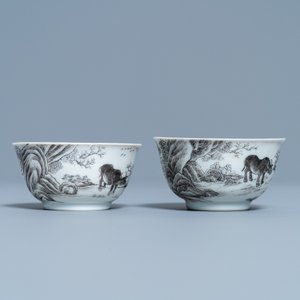 A pair of Chinese grisaille and gilt 'buffalo' cups and saucers, Yongzheng — photo 7