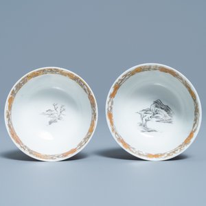 A pair of Chinese grisaille and gilt 'buffalo' cups and saucers, Yongzheng — photo 8