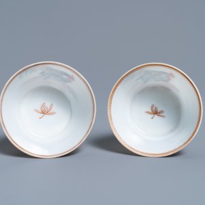 A pair of Chinese grisaille 'hen and rooster' cups and saucers, Yongzheng — photo 8