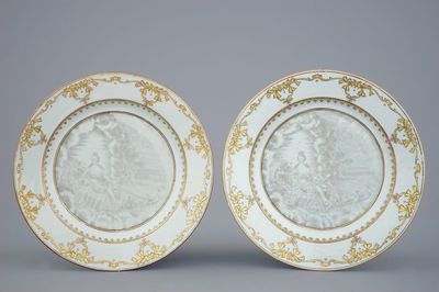 A pair of Chinese grisaille porcelain mythological subject plates, 18th C.