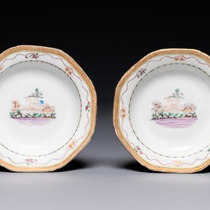 A pair of Chinese 'H' monogrammed famille rose plates with landscape design, Jiaqing — photo 1