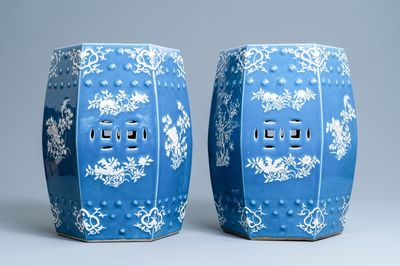A pair of Chinese hexagonal blue-ground garden seats, 19th C.
