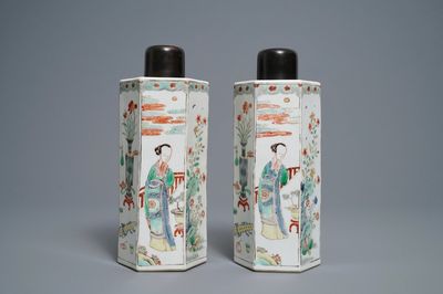 A pair of Chinese hexagonal famille verte tea caddies, Kangxi