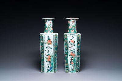 A pair of Chinese hexagonal famille verte vases with floral panels, Kangxi