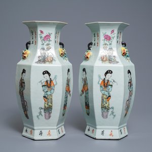 A pair of Chinese hexagonal qianjiang cai vases with ladies, 19/20th C. — photo 3