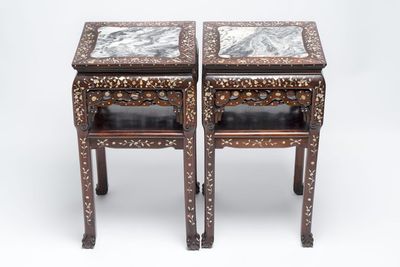 A pair of Chinese hongmu two-tier stand with marble top and mother-of-pearl inlay, Canton, 19th C.
