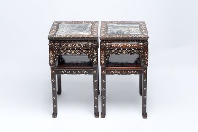 A pair of Chinese hongmu two-tier stands with marble top and mother-of-pearl inlay, Canton, 19th C.