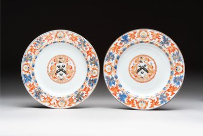 A pair of Chinese Imari-style armorial plates with the arms of Walker for the English market, Kangxi, ca. 1712