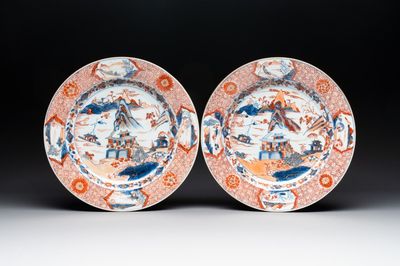 A pair of Chinese Imari-style 'landscape' dishes, Kangxi