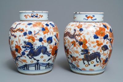 A pair of Chinese Imari-style 'qilin and phoenix' jars and covers, Kangxi