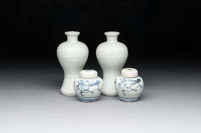 A pair of Chinese incised white-glazed 'Meiping' vases, Wanli mark and of the period, and a pair of blue and white covered jarlets, Ming