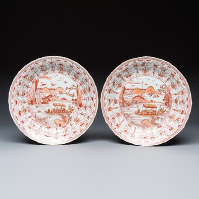 A pair of Chinese iron-red and gilt-decorated 'Ode to the Red Cliff' dishes, Kangxi
