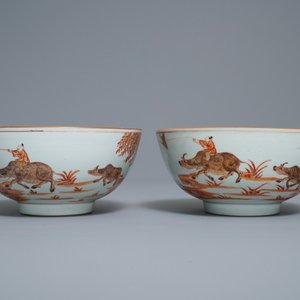 A pair of Chinese iron red bowls with a kiting boy on an ox, Yongzheng — 照片 2