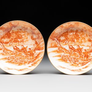A pair of Chinese iron-red-decorated 'deer hunting' cups and saucers, Qianlong — photo 2