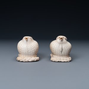 A pair of Chinese ivory quail-shaped boxes on inlaid wooden stands, Republic — photo 4