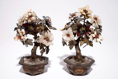 A pair of Chinese jade, soapstone, agate and coral trees in cloisonné pots, China, 19/20th C.